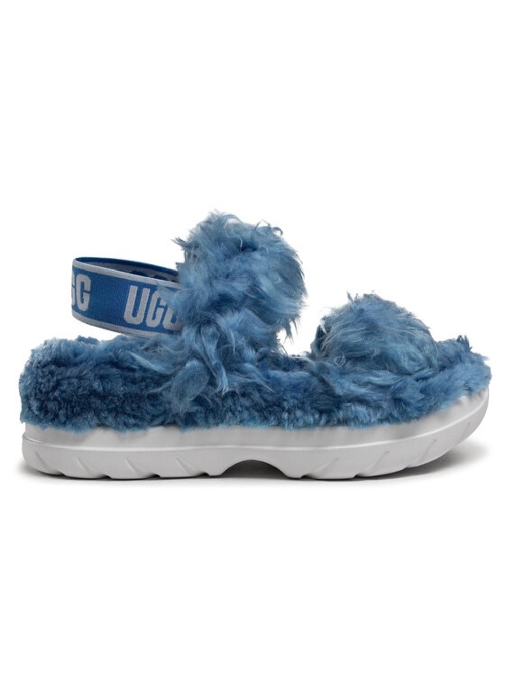 UGG Fluff Yeah Sugar Blue Strappy Sandals Slippers Size 7 Faux-Fur